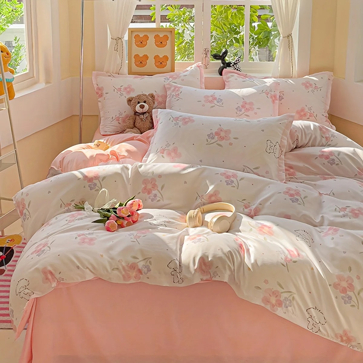 Duvet Cover Sets With Zipper - ชุดผ้าปูที่นอนลายดอกไม้ 4 ชิ้น ประกอบด้วยปลอกผ้านวม 1 ชิ้น