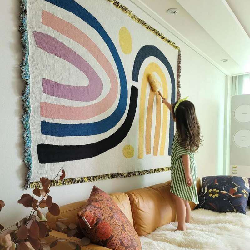 Boho Throw Blanket Fringe - สิ่งทอเมือง Ins ผ้าห่มผ้าฝ้ายหนาบทคัดย่อรูปแบบสายรุ้งตกแต่งบ้าน Tapestry โซฟานุ่มสบายผ้าห่ม