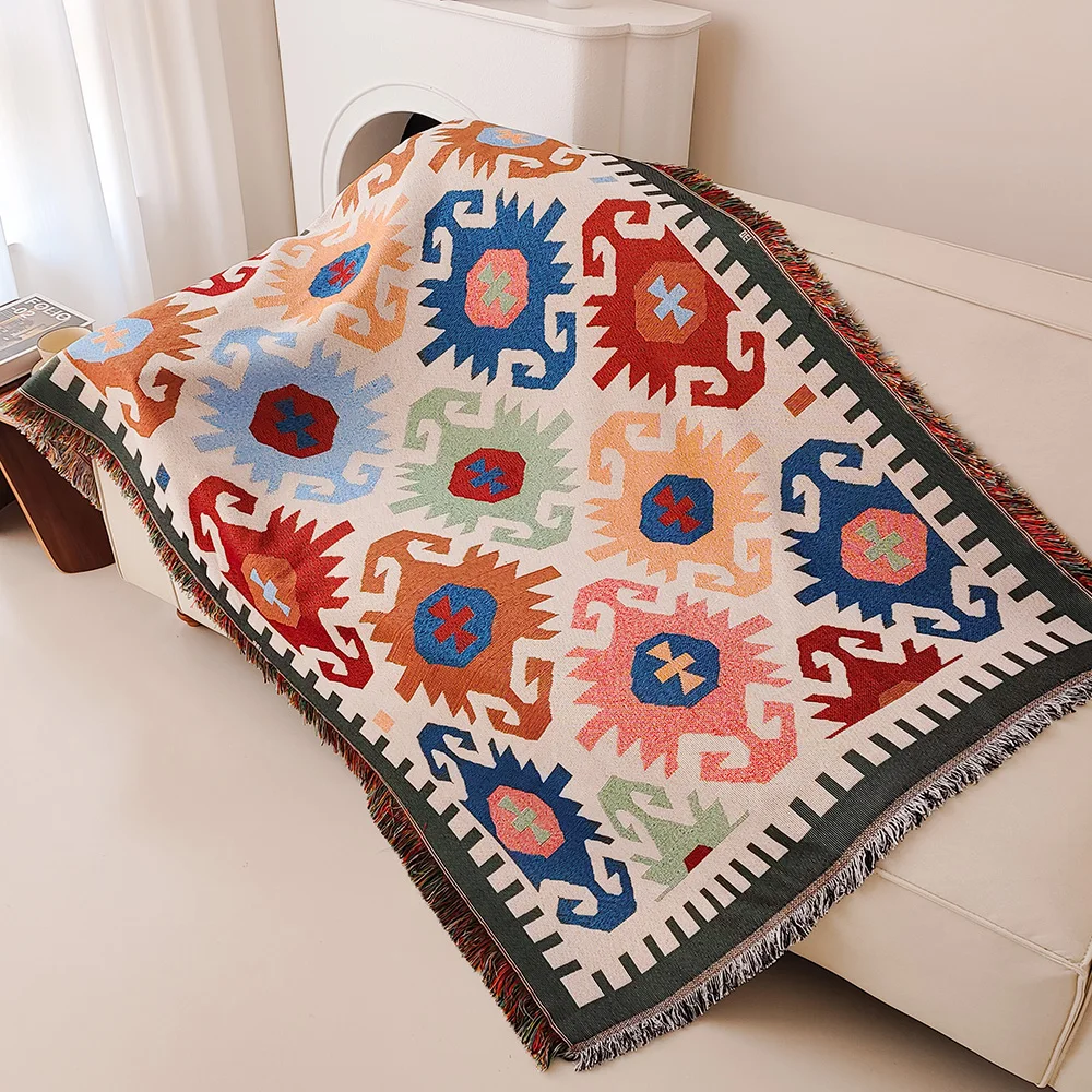 Boho Throw Blanket Fringe - ผ้าห่มโซฟาใหม่, ผ้าห่มโบโฮแบบมีชายครุย, ผ้าห่มทอวินเทจลายเรขาคณิตสไตล์เซาท์เวสเทิร์น, ผ้าห่มสองด้าน