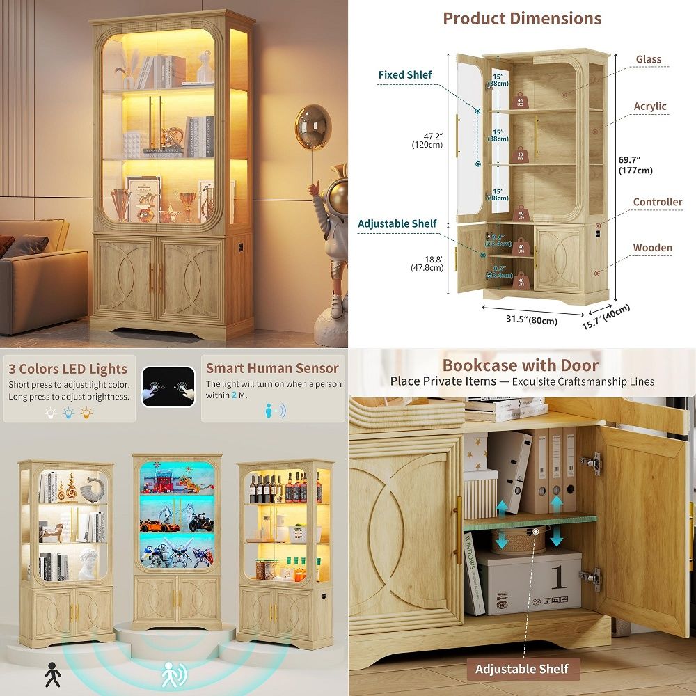 Storage & Organization - ตู้โชว์กระจกพร้อมชั้นวางของ ตู้โชว์สมัยใหม่สำหรับของสะสม ตู้โชว์ถ้วยรางวัล สีดำ 31.5