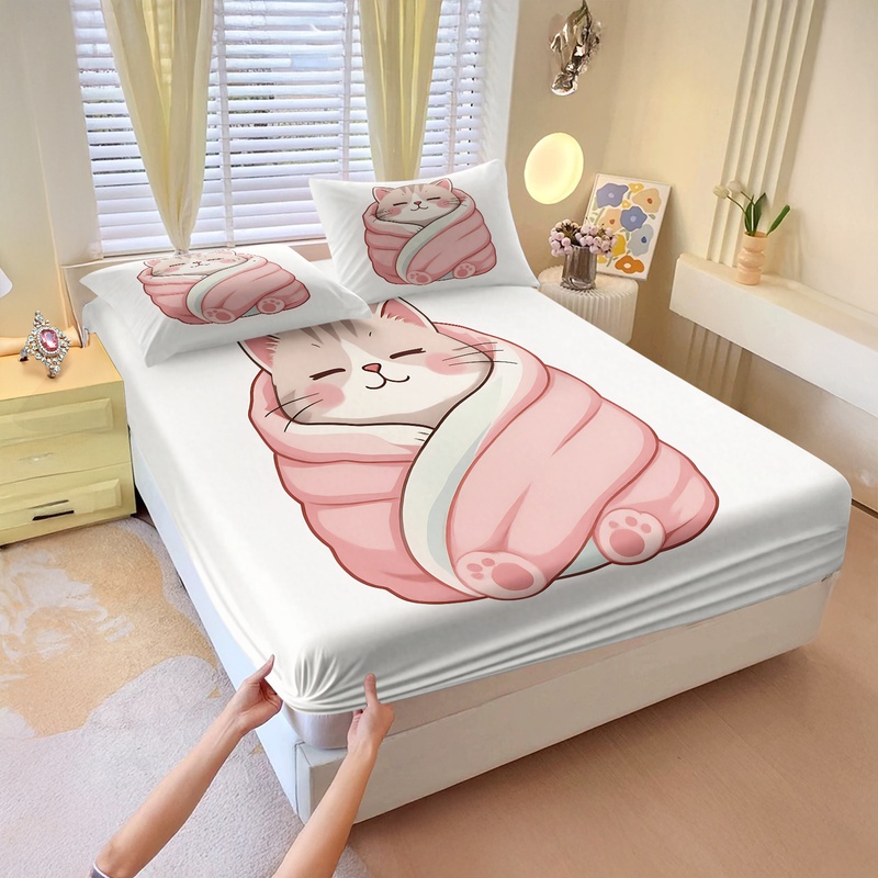 Fitted Bed Sheets Deep Pocket - ชุดผ้าปูที่นอนลายแมวน่ารัก ชุดผ้าปูที่นอนลายแมวนอนหลับสบายห่อตัวในผ้าห่ม ชุดผ้าปูที่นอนแบบยืดหยุ่นขอบลึก ผ้าปูที่นอนลายคาวาอี้ ของตกแต่ง ของขวัญ