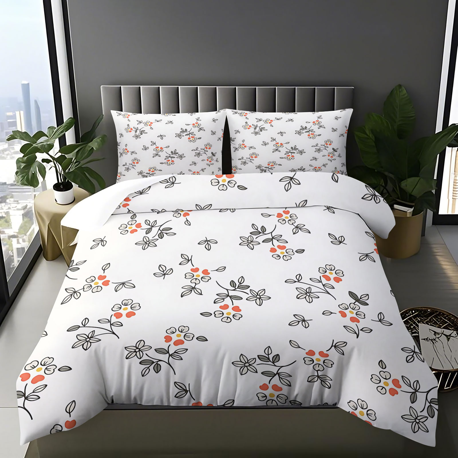 Aesthetic Floral Duvet Cover - ชุดผ้าปูที่นอนลายดอกไม้เล็กๆ สีส้มแดง ลายเส้นบางๆ วาดด้วยมือ 2/3 ชิ้น