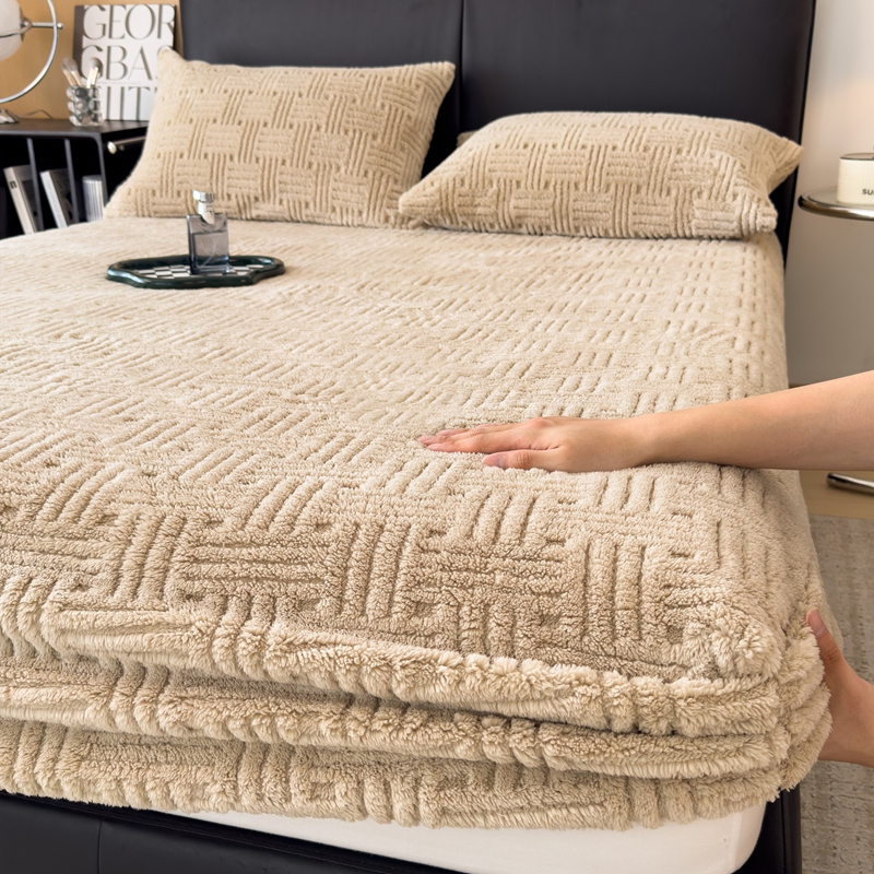 Fitted Bed Sheets Deep Pocket - ผ้าปูที่นอนแบบมียางยืด ลายปักนูน สำหรับฤดูหนาว เนื้อผ้านุ่ม อุ่นสบาย ผลิตจากผ้ากำมะหยี่คอรัล
