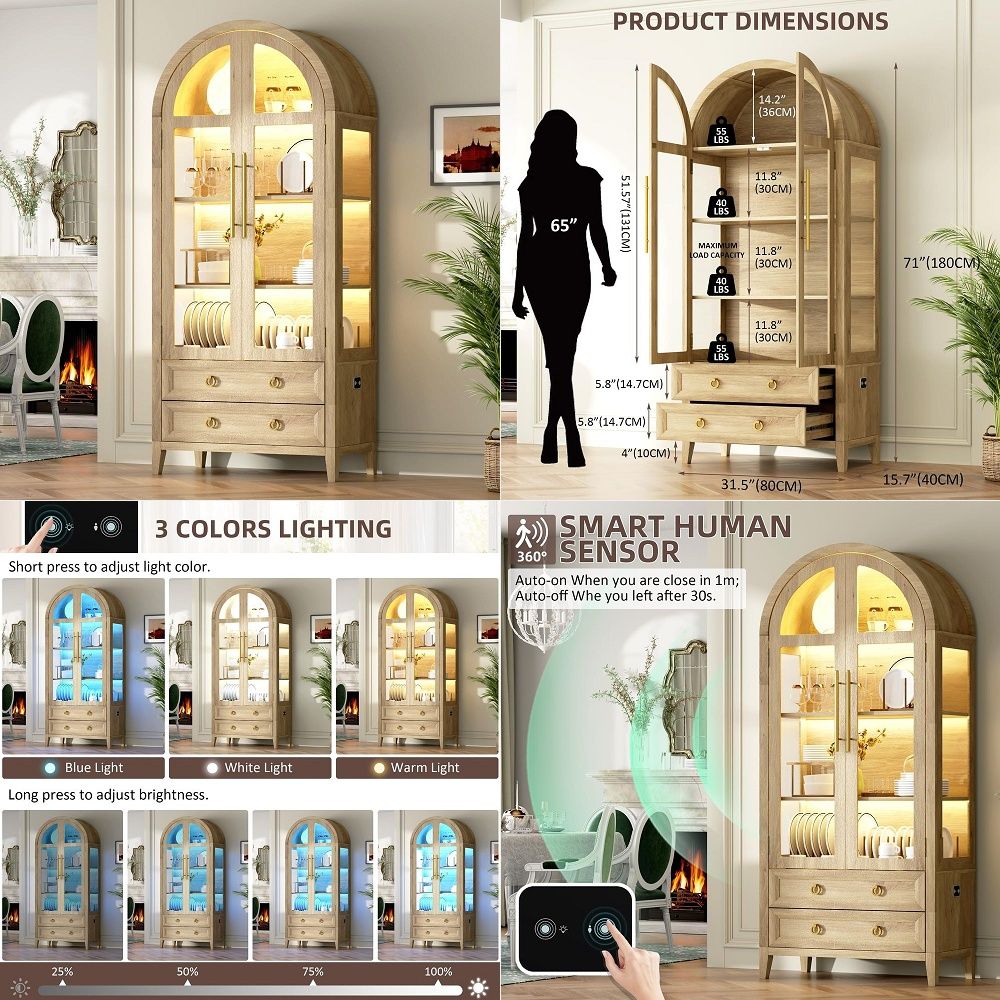 Lighting - ตู้โชว์ทรงโค้ง 71 ชิ้นพร้อมประตูกระจก, ตู้โชว์ 4 ชั้นและ