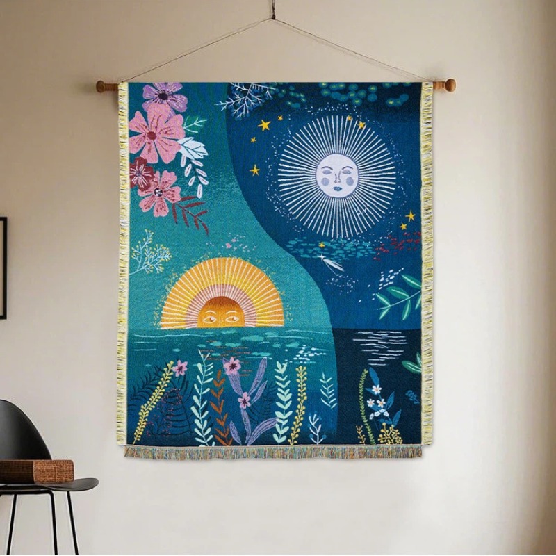 Boho Throw Blanket Fringe - ผ้าแขวนผนังลายทอพระอาทิตย์พระจันทร์สไตล์โบโฮชิค พร้อมลายดอกไม้และดวงดาว ดีไซน์ตกแต่งผนังแบบมีชายครุย ผ้าห่มแจ็คการ์ด