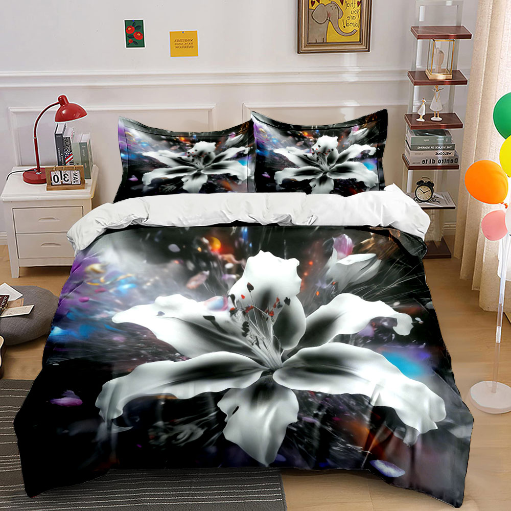 Aesthetic Floral Duvet Cover - ชุดเครื่องนอนลายดอกลิลลี่สีขาว 3 ชิ้น, ชุดผ้าห่มลายดอกไม้พื้นหลังสีดำ, ผ้าปูที่นอนนุ่มสบายสำหรับห้องนอน