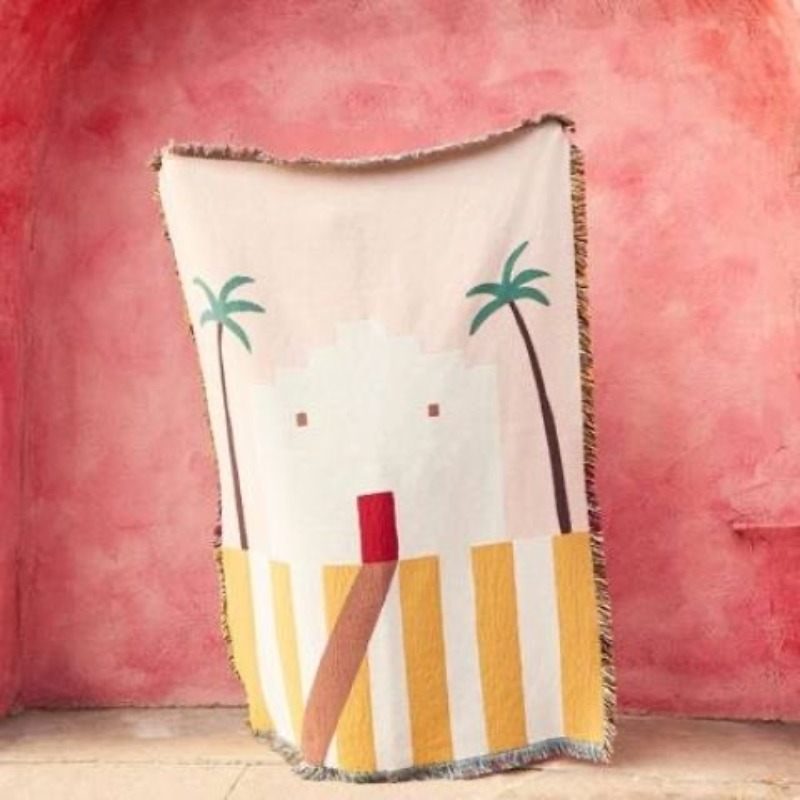 Boho Throw Blanket Fringe - ผ้าห่มลายทอสีชมพูพาสเทล ลายทะเลทราย อะโดบี พร้อมพู่ห้อย สไตล์โมเดิร์นกลางศตวรรษ ลายต้นปาล์ม
