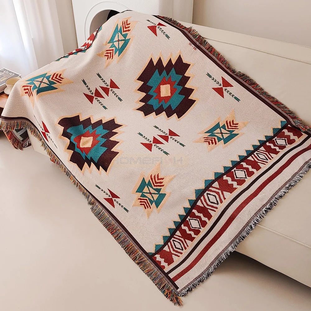 Boho Throw Blanket Fringe - ผ้าห่มแอซเท็กขนาดใหญ่สไตล์โบโฮพร้อมชายครุย ลายเรขาคณิตแบบตะวันตกเฉียงใต้ ผ้าห่มทอวินเทจแบบสองด้าน