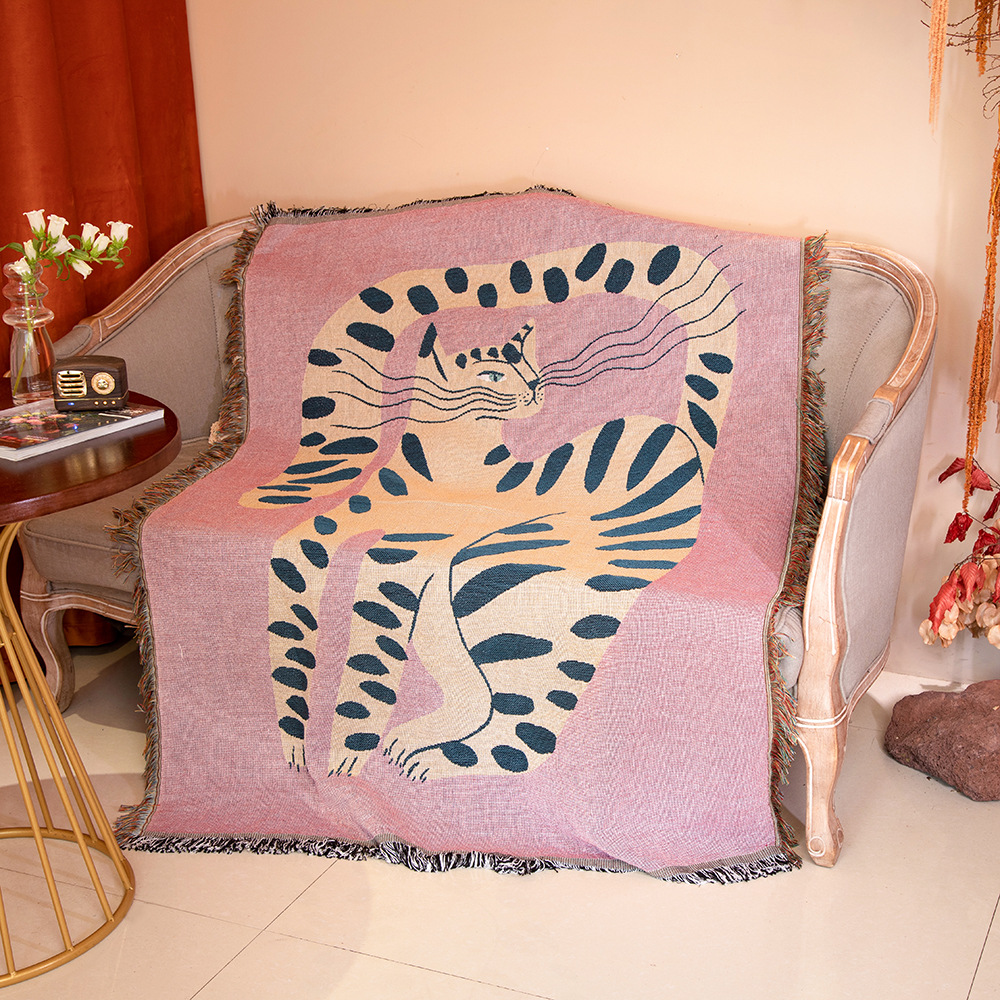 Boho Throw Blanket Fringe - ผ้าห่มลายแมวสไตล์โบฮีเมียน ผ้าทอพิมพ์ลายเสือดาว พร้อมพู่ห้อยตกแต่ง ลายสัตว์สไตล์โบฮีเมียน