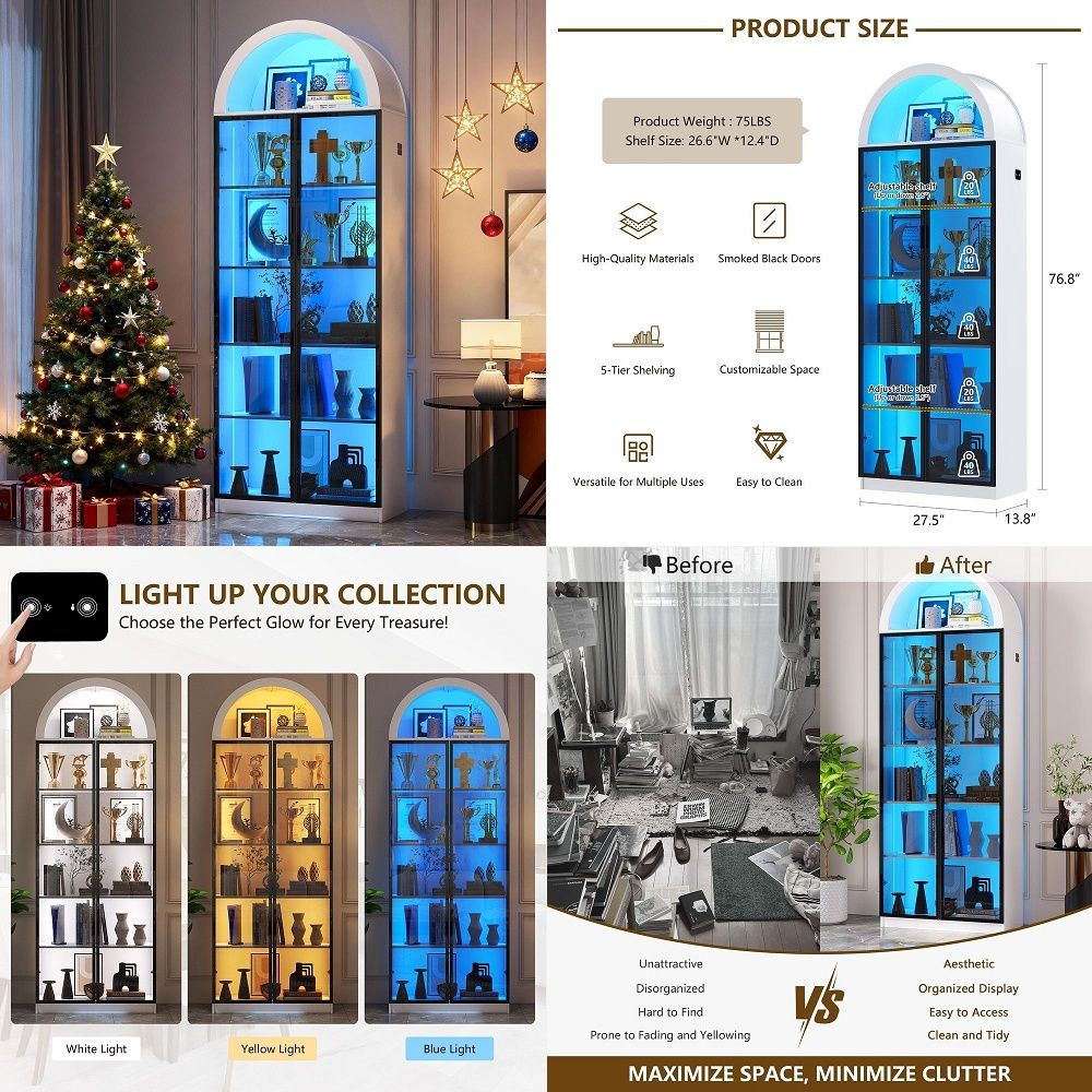 Lighting - ตู้โชว์พร้อมบานประตูและชั้นวางปรับระดับได้, ตู้โชว์สูง 76 นิ้วพร้อมไฟ LED ช่องเก็บของโค้งมน,
