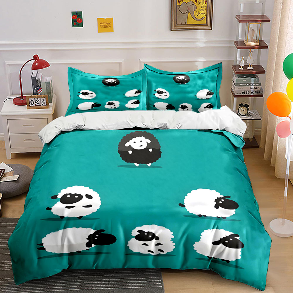 Duvet Cover Sets With Zipper - ชุดผ้าปูที่นอนลายการ์ตูนแกะและแกะสีดำ พิมพ์ลายดิจิตอล สีสันสดใส ผลิตจากโพลีเอสเตอร์ พร้อมซิปปิด สำหรับเป็นของขวัญสำหรับเด็ก