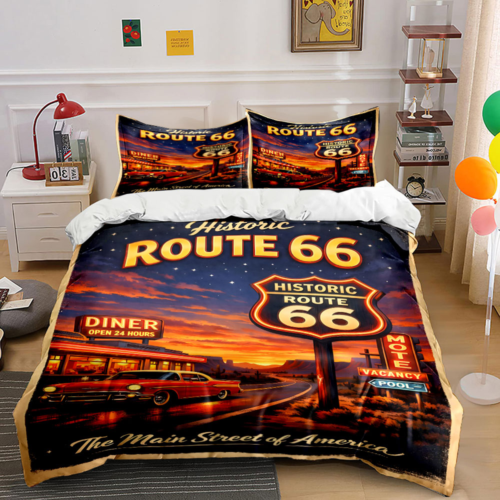 Duvet Cover Sets With Zipper - ชุดผ้าคลุมเตียงลายถนน 66 สไตล์ย้อนยุค พิมพ์ลายดิจิตอล สีสันสดใส ทำจากโพลีเอสเตอร์