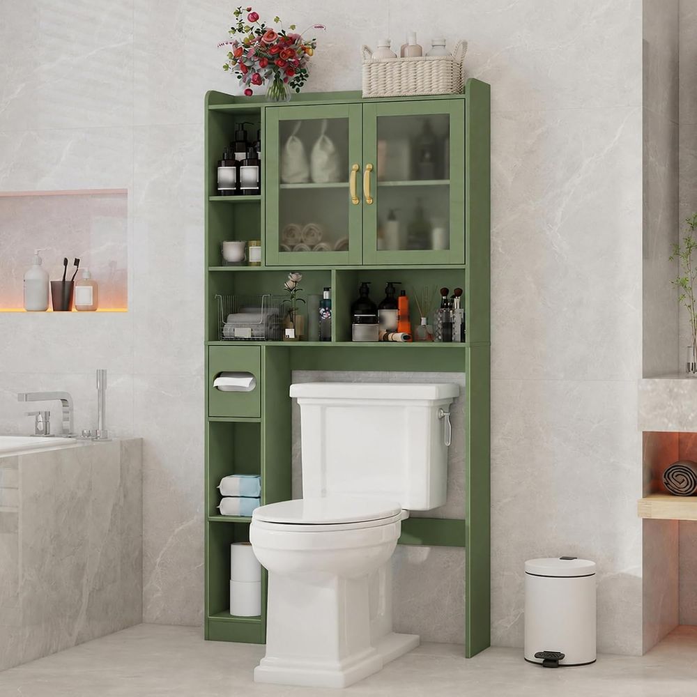 Storage & Organization - ตู้เก็บของอะคริลิกแบบประหยัดพื้นที่สำหรับวางเหนือโถสุขภัณฑ์ เหมาะสำหรับห้องน้ำ ห้องสุขา และห้องซักรีด สีเขียว