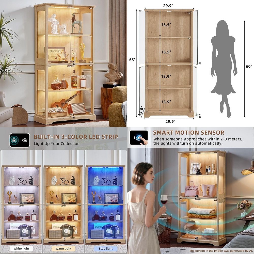 Lighting - ตู้โชว์กระจกสไตล์บ้านไร่พร้อมประตู ตู้โชว์ไม้สำหรับของสะสมพร้อมไฟ LED 3 สีพร้อมเซ็นเซอร์ตรวจจับความเคลื่อนไหวและรีไฟโน
