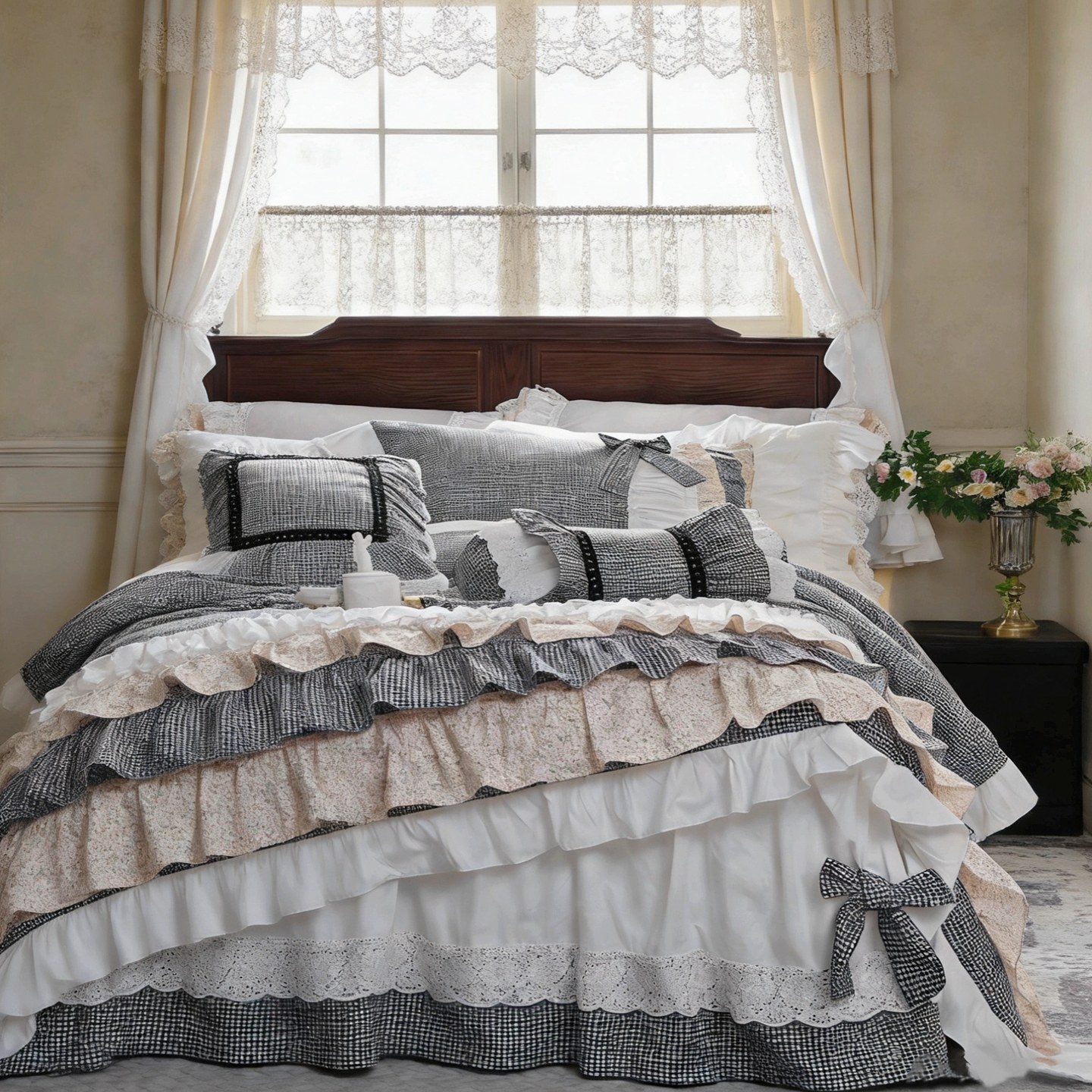 Aesthetic Floral Duvet Cover - ชุดเครื่องนอนสไตล์คันทรีคอทเทจคอร์ ลายสก็อตดอกไม้สไตล์เจ้าหญิง พร้อมปลอกผ้านวมและปลอกหมอน ผ้าฝ้าย 100%