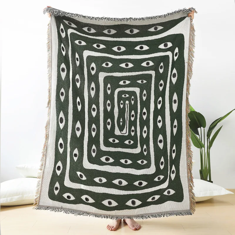 Boho Throw Blanket Fringe - ผ้าห่มลายตาปีศาจสีเขียวขาว ผ้าแจ็คการ์ดลายโบโฮแบบนามธรรม พร้อมพู่ห้อย ตกแต่งสไตล์ชนเผ่า ใช้คลุมโซฟา ชายหาด