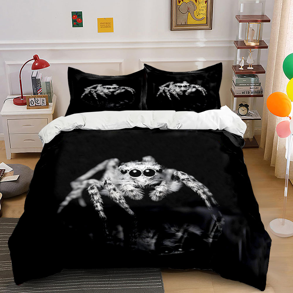 Duvet Cover Sets With Zipper - ชุดปลอกผ้านวมลายแมงมุมกระโดด สีดำและสีขาว ลายสไตล์ดาร์ก พิมพ์ลายดิจิตอล ผ้าปูที่นอนโพลีเอสเตอร์สีสันสดใส พร้อมซิปปิด