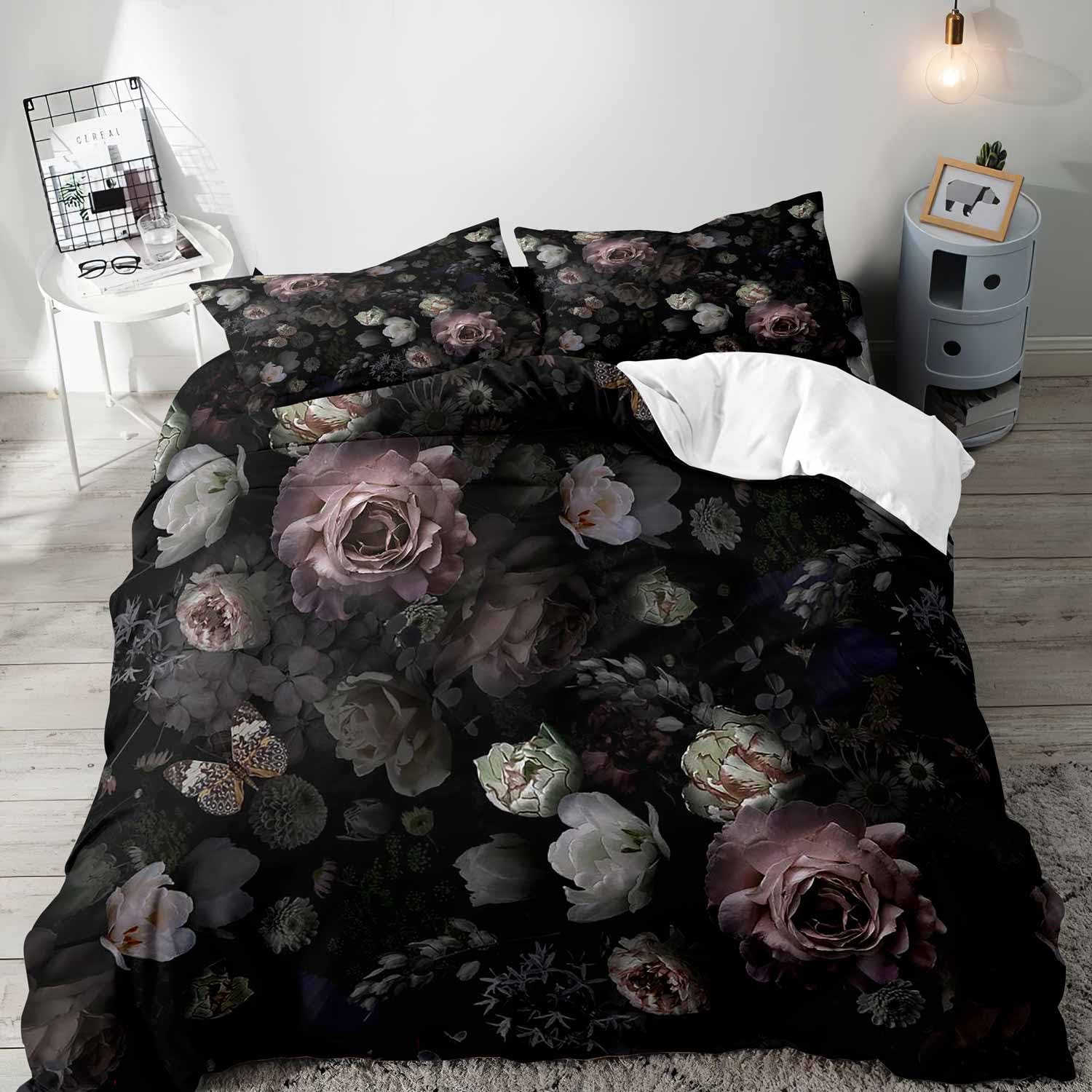 ดอกไม้สีดําผ้านวม Queen ชุดเคร - Aesthetic Floral Duvet Cover บทวิจารณ์และราคา